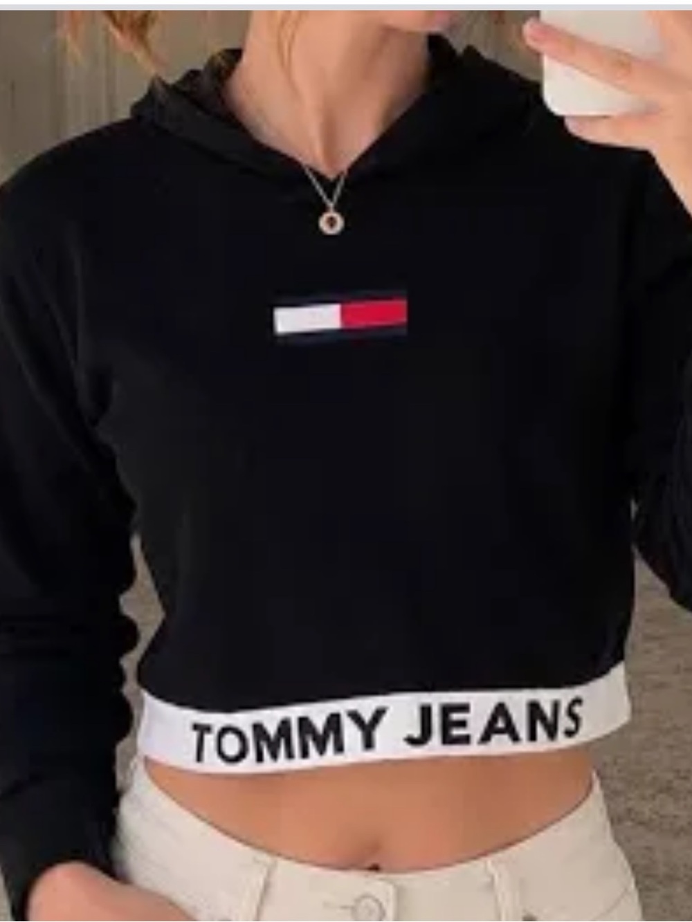 Tommy Jeans black cropped pullover sweater size Small. Hooded w/ hem logo.